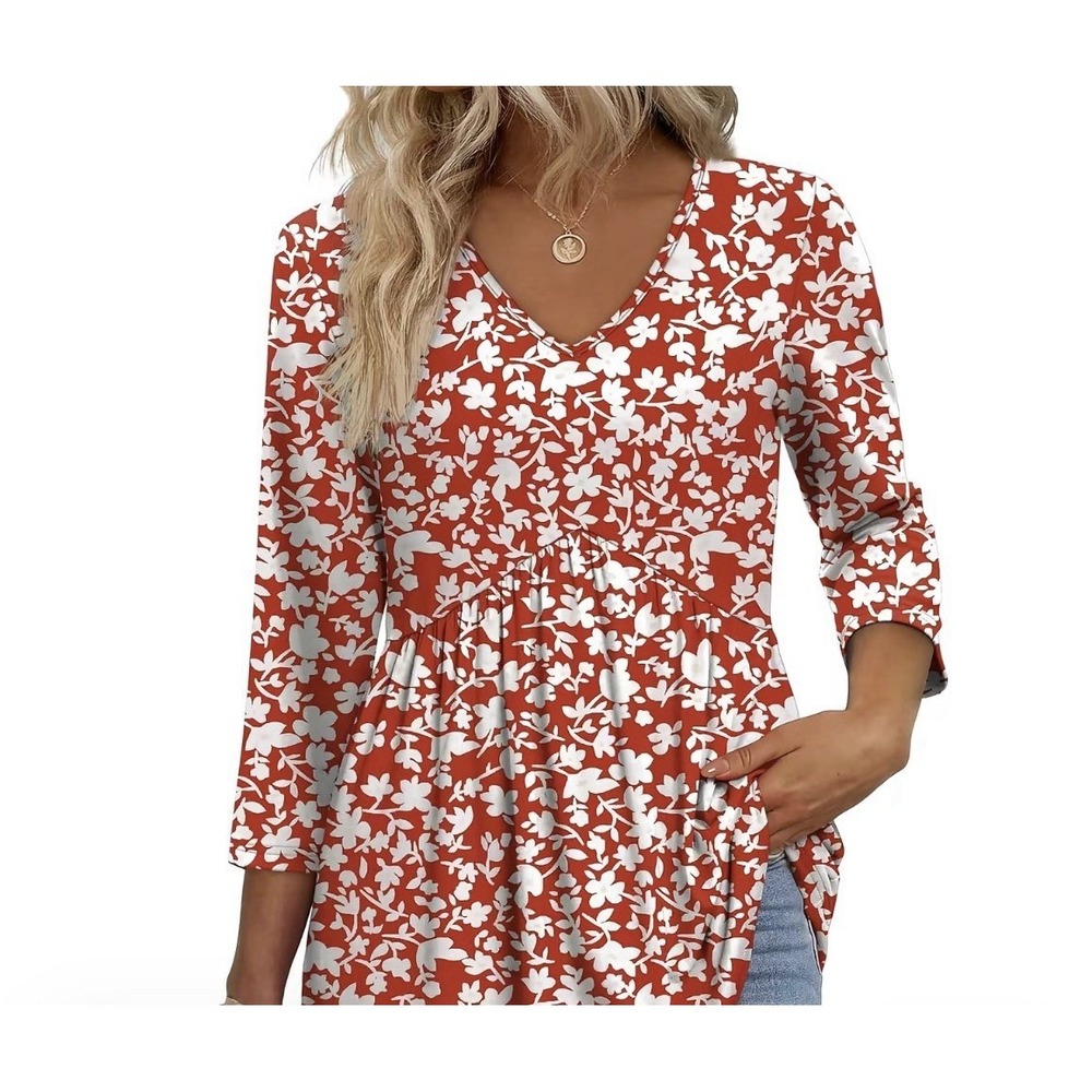 Wiholl Top Womens 2XL White Multicolor V Neck 3/4 Sleeve Casual Plus Size Blouse